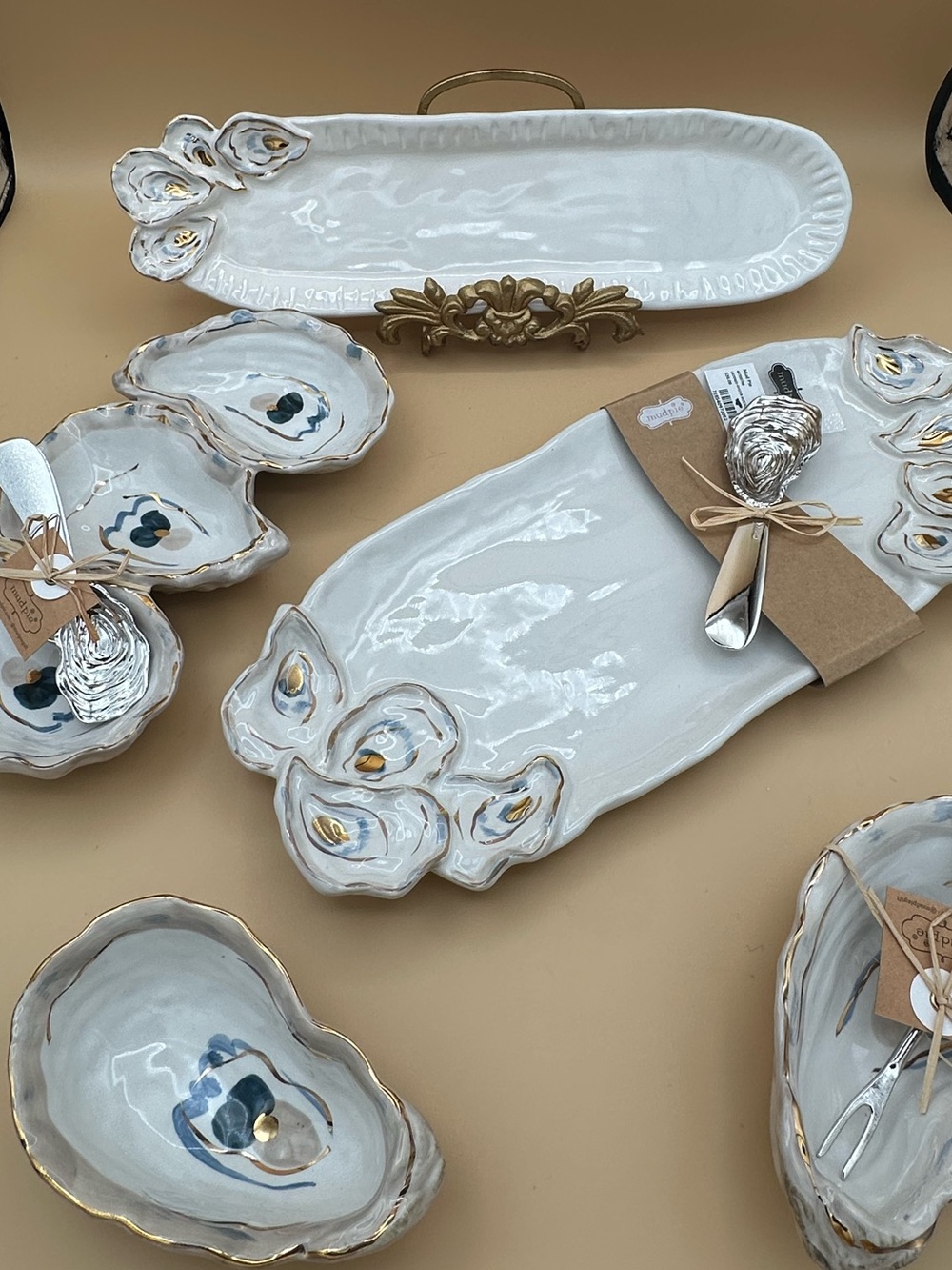 NWT Mud Pie Oyster Coastal Entertaining Ceramic Tableware 5-Piece Lot